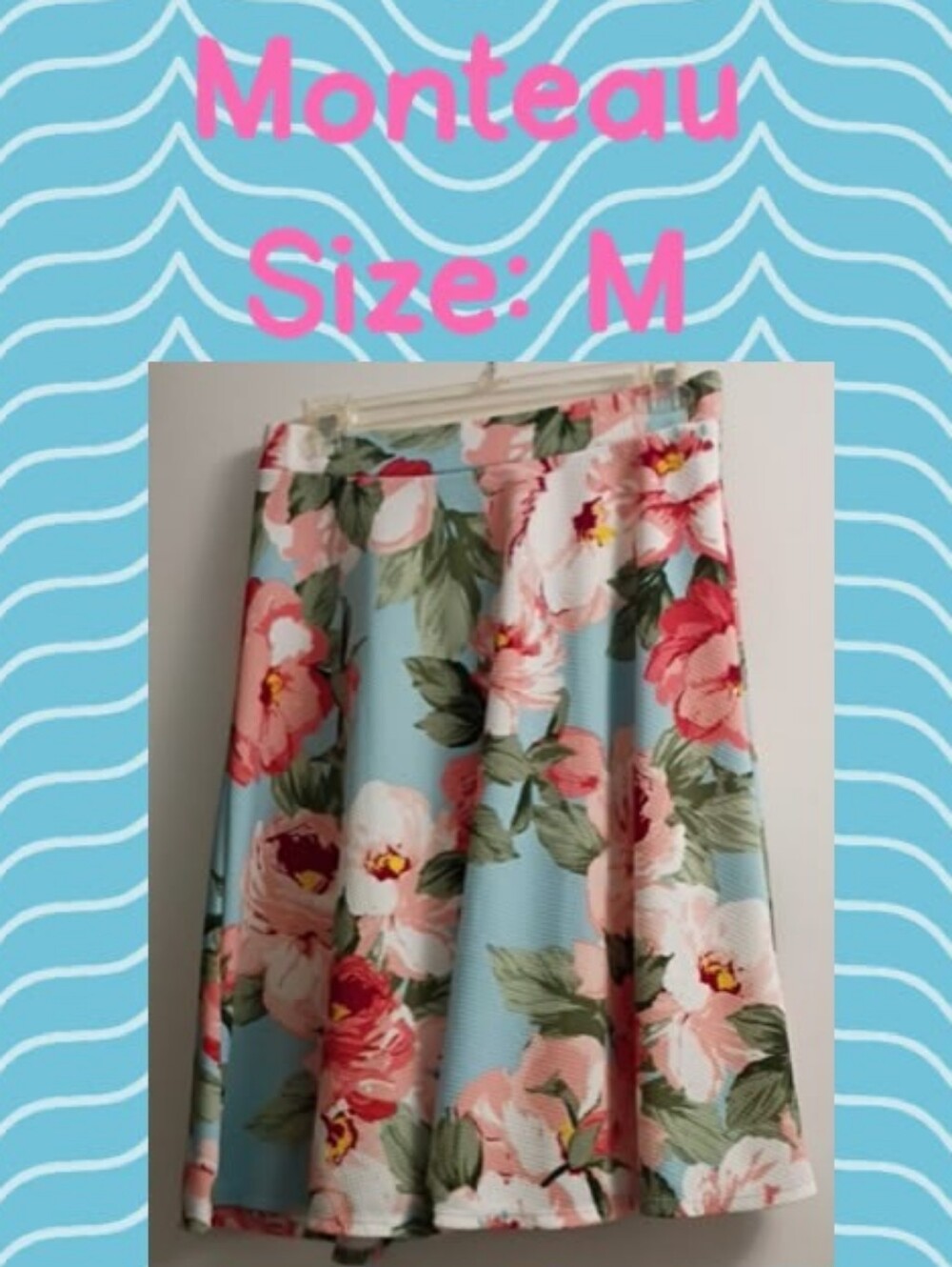 Monteau Blue Floral Circle Skirt with Pink Blooms
